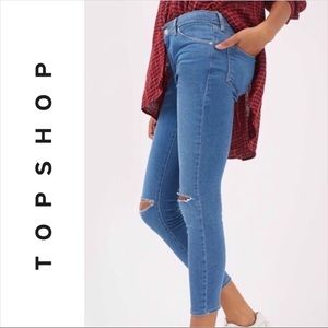 Topshop Mid Blue Ripped Knee Skinny Leigh Jeans